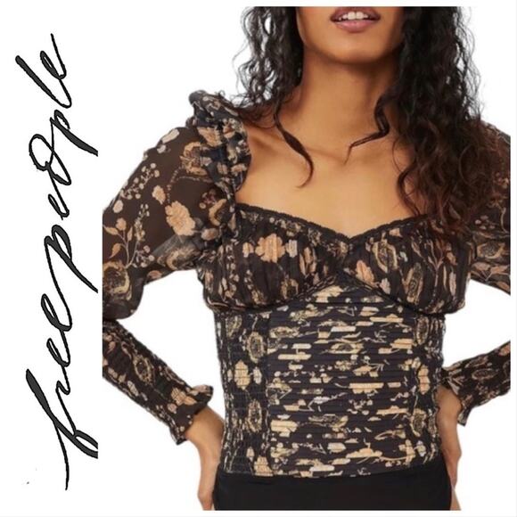 FREE PEOPLE sheer black floral ruched Edwardian bodysuits top NWT Petite SM - Picture 1 of 14